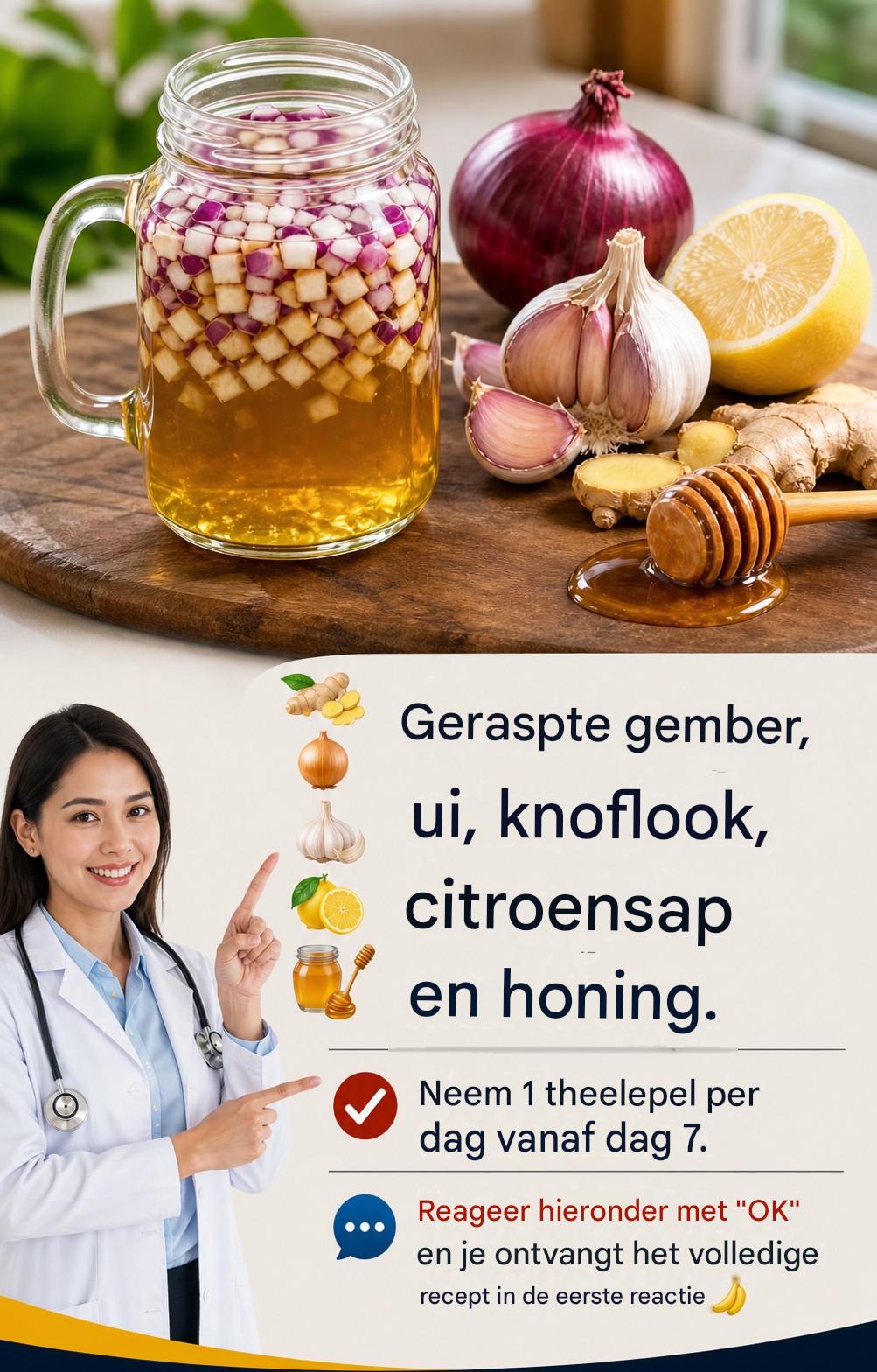 Geraspte gember, ui, knoflook, citroensap en honing: een natuurlijke combinatie die steeds meer mensen in hun dagelijkse routine opnemen 🧄